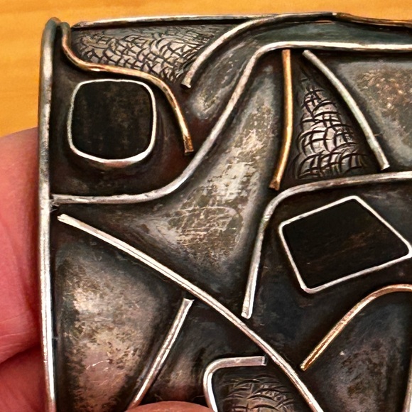 Vintage Brutalist Modern Mixed Metal and Stone Cuff Bracelet - Picture 8 of 8